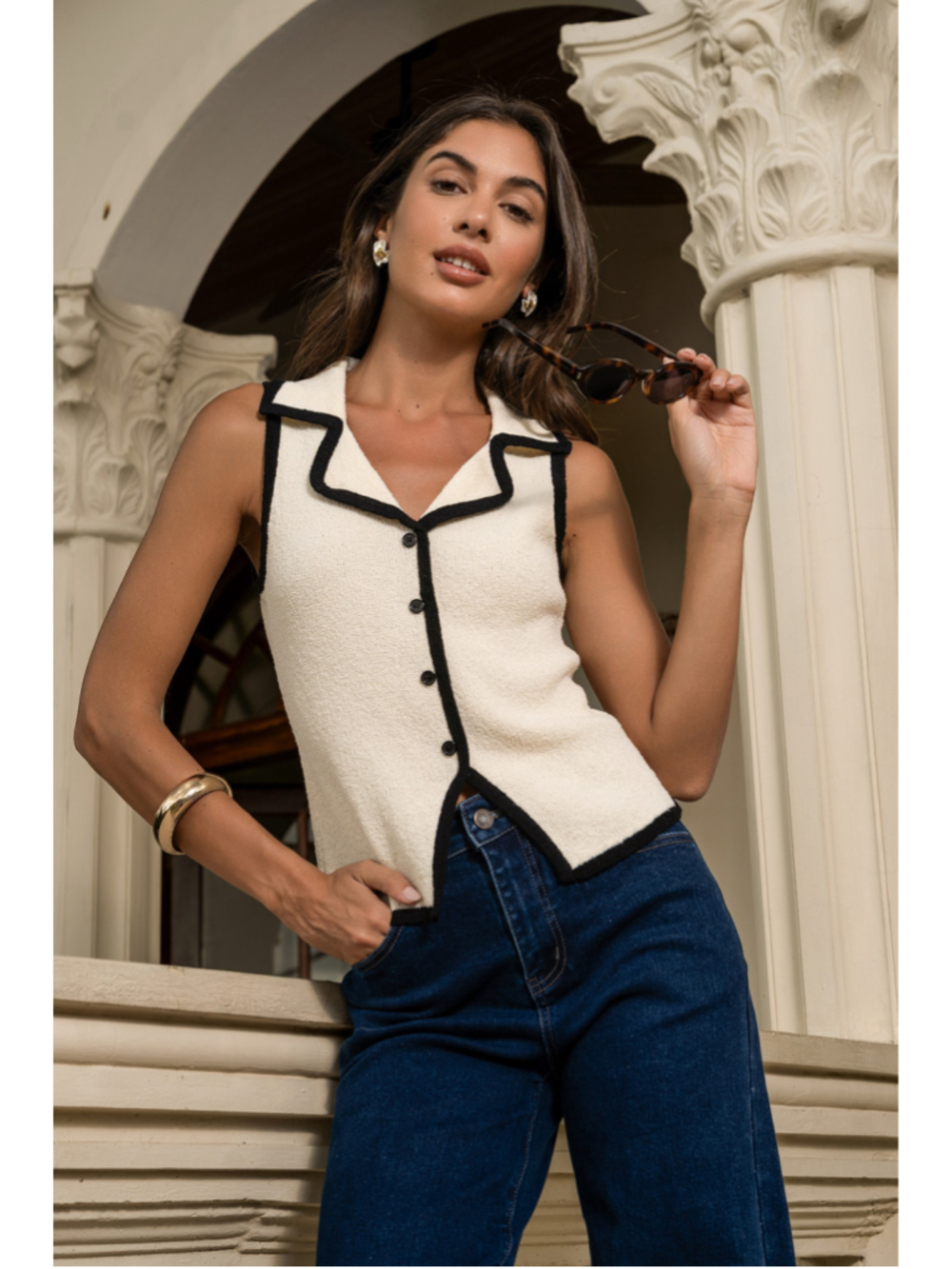 Cream Sleeveless Collared Button-Down Tank Top Vest Ribbed Knit Beige Black
